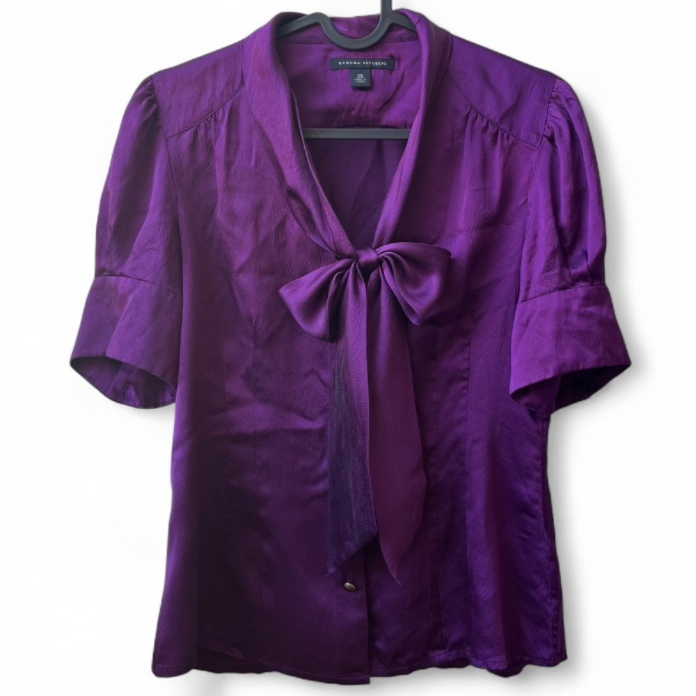 Banana Republic 100% Silk Bow Tie V-Neck Purple Blouse Extra Small XS